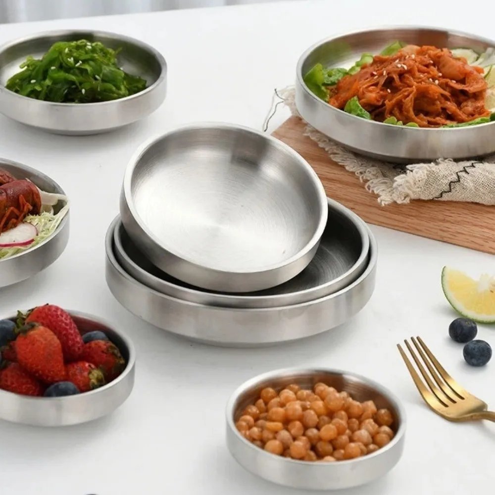 1 Pcs Dish Plate Kitchen Flat Bottom Dinner Plate  304 Stainless Steel Thickened Seasoning Bowl Restaurant Tableware