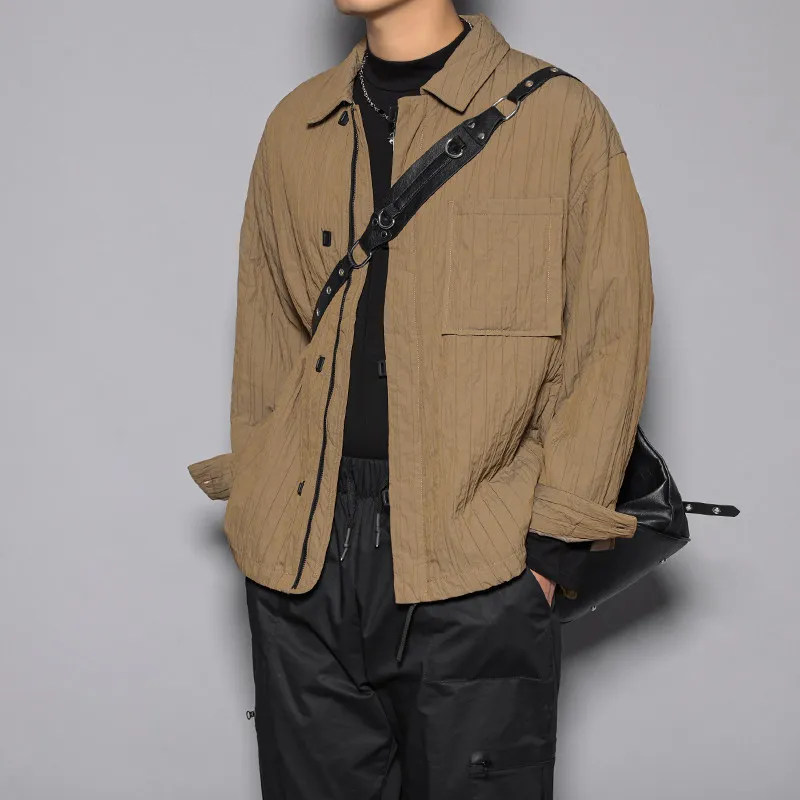 High Quality Texture Japanese-Style Retro Autumn and Winter Coffee Color Shirt Short Warm Thickened Men's Cotton Clothing Coat