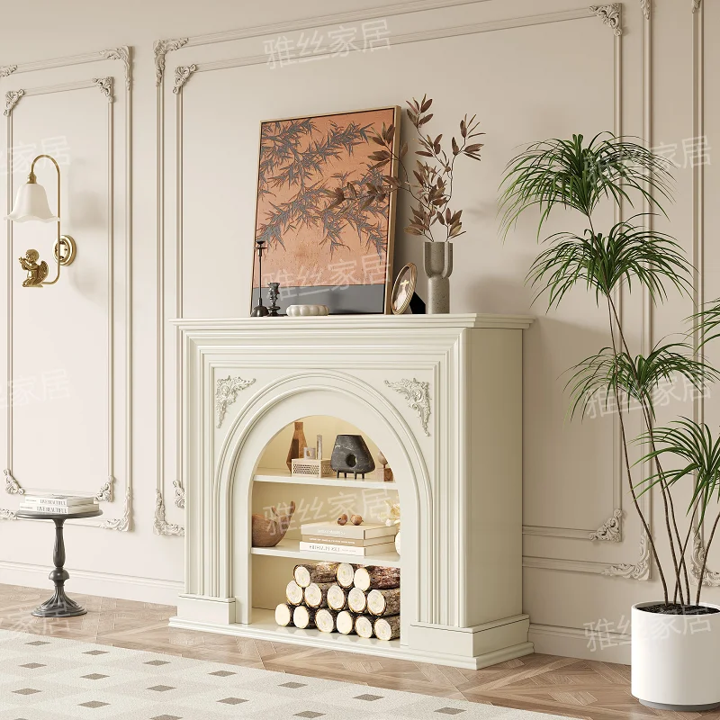 French cream wind fireplace cabinet decorative cabinet living room background wall electronic simulation fire fireplace cabinet