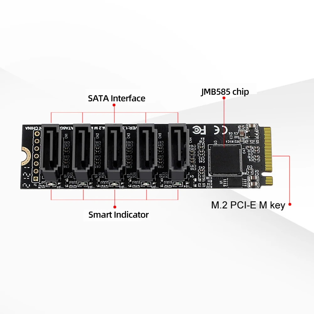 M.2 M-Key PCI Express To SATA 3.0 SSD Adapter Card JMB585 Chipset Converter Card Support for OS/Windows /Linux 6Gbps 5 Ports