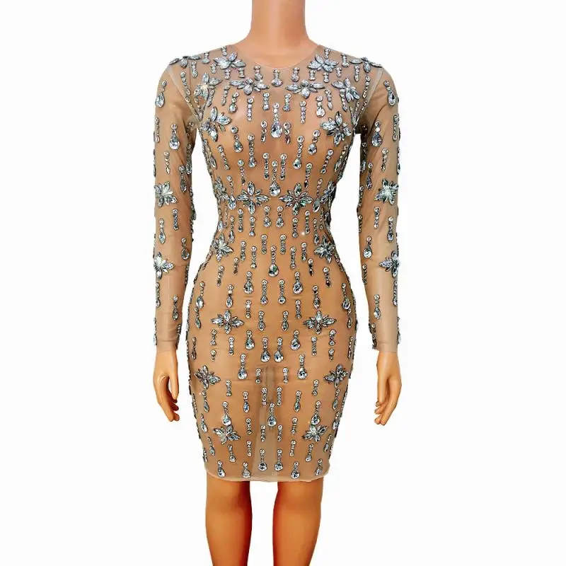 

Sexy See Through Rhinestones Bodycons Mesh Short Dress Women Singer Performance Stage Wear Evening Celebrate Party Dance Costume