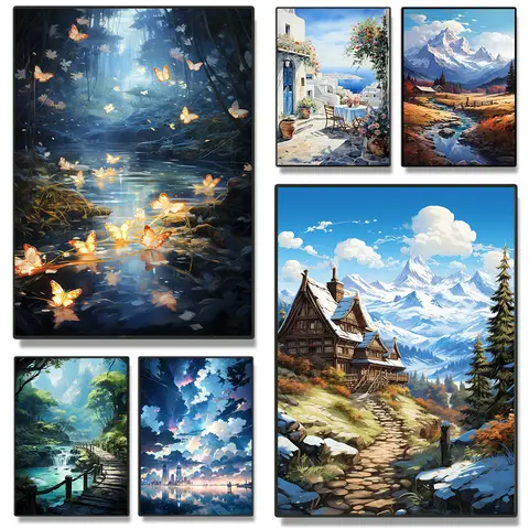 Modern Lake Scene City Canvas Painting Watercolor Nature Landscape Posters Prints Summer Living Room Bedroom Wall Art Home Decor