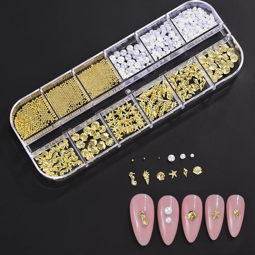 12Grids/Box Alloy Marine Life Mixed Pearl Nail Charms Shell/Seahorse/Starfish Nail Rivet Studs Gold Ocean Nail Art Decoration **