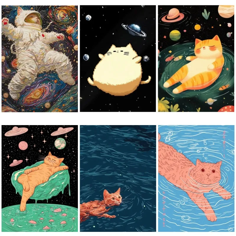 Frameless canvas paintings,Modern Aesthetic Art Prints, Cartoon Ginger Cat Swimming Illustration Poster, Canvas Wall Decor Paint