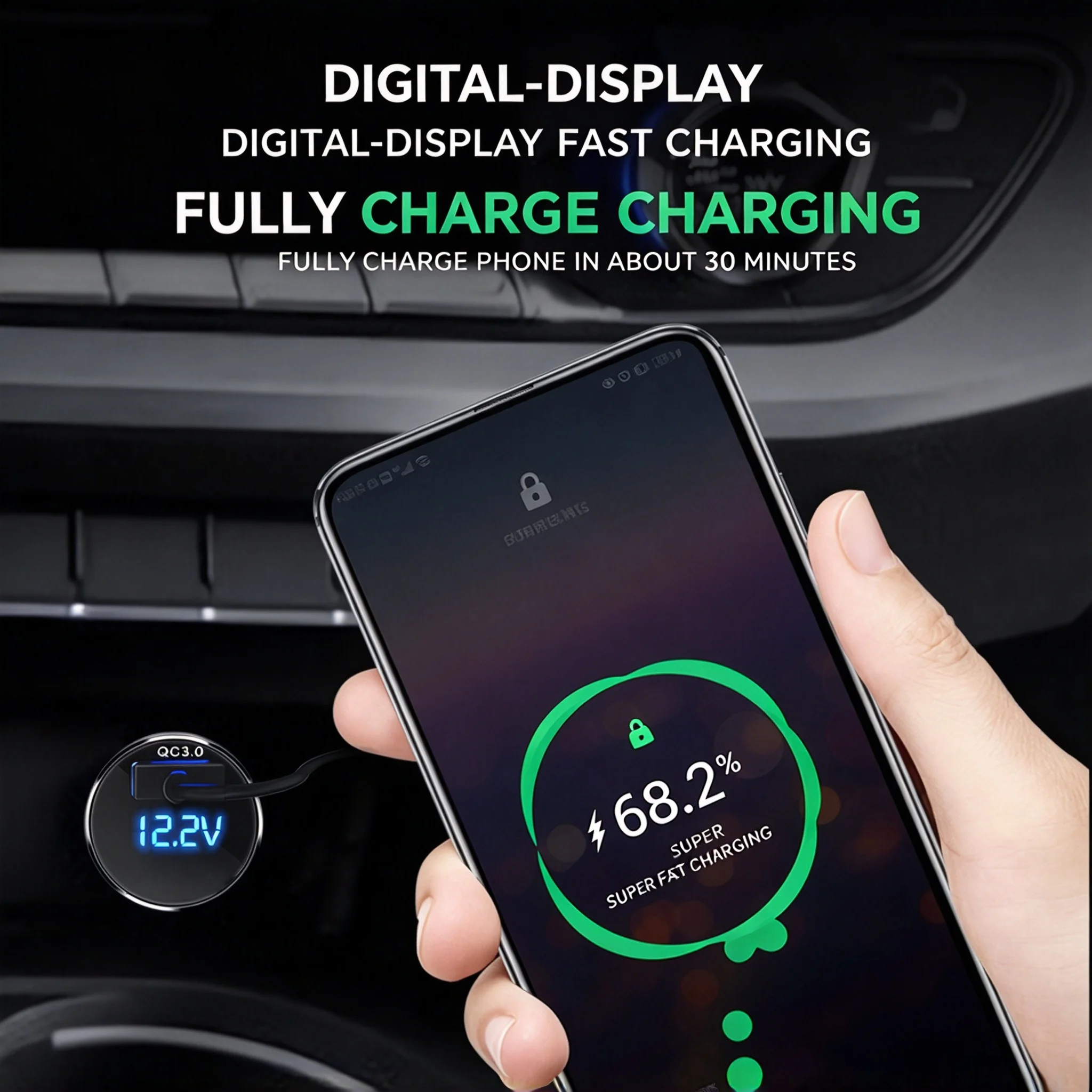 3.5M Long Cable Car Charger QC3.0 Fast Charge Type-C Connector Digital Display 12-24V Auto Power Adapter with USB Port for Phone