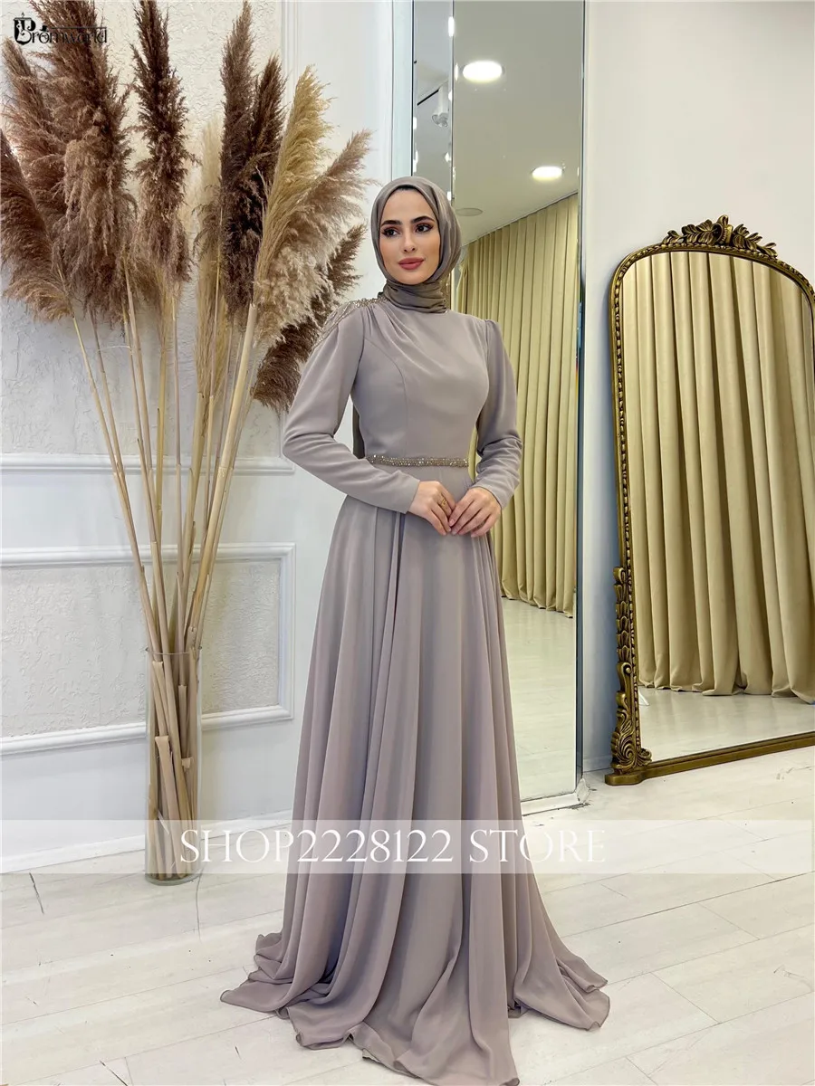 Arabic Dubai Muslim Formal Dress A-line Long Sleeve Hijab Evening Dresses Woman Elegant Robes De Soirรฉe Chiffon Party