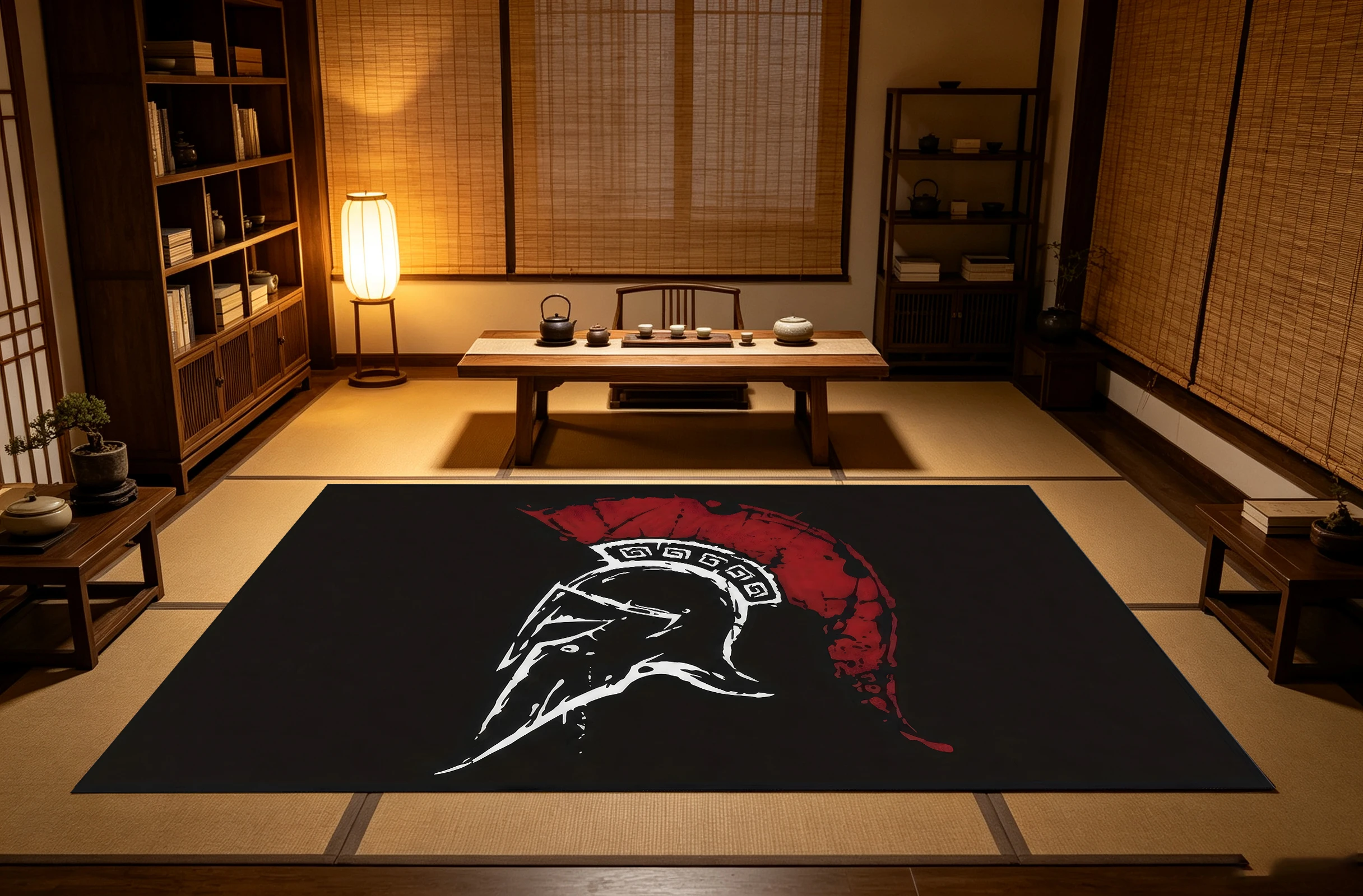 Black Area Rug with Spartan Helmet Art Print, Cool Stylish Design, Cozy Autumn Winter Mat for Living Room Study Home Decor