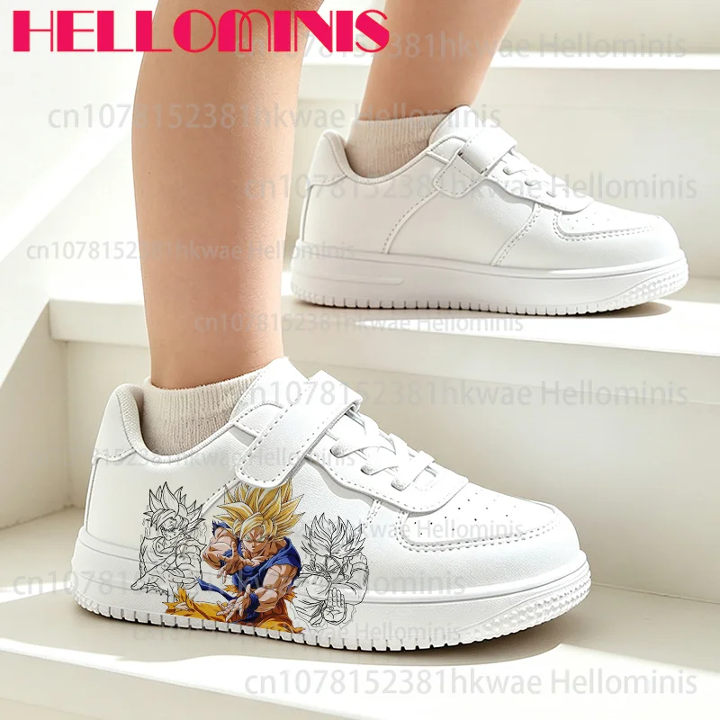 Kids Boys Anime Style Print Hook&Loop Lace Up Sneakers White PU Leather Non Slip Soft Sole School Daily Walking Shoes