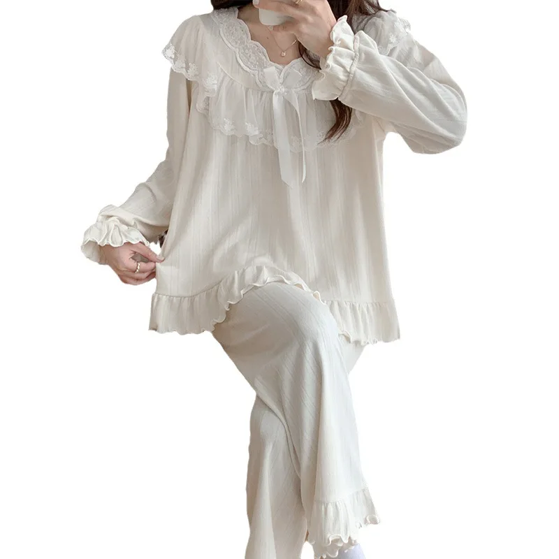 Cotton Sleepwear Lace Court Style Pajamas Women Spring Cute Pyjamas Long Sleeve Pijama Female Set Negligee Pullover Pajamas