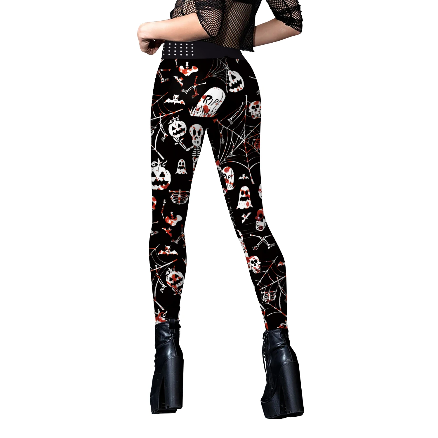 12% Spandex Fashion Punk Style Skull Leggings Women Black  Printing Elastic Workout Fitness Running Leggings Stretch Pants