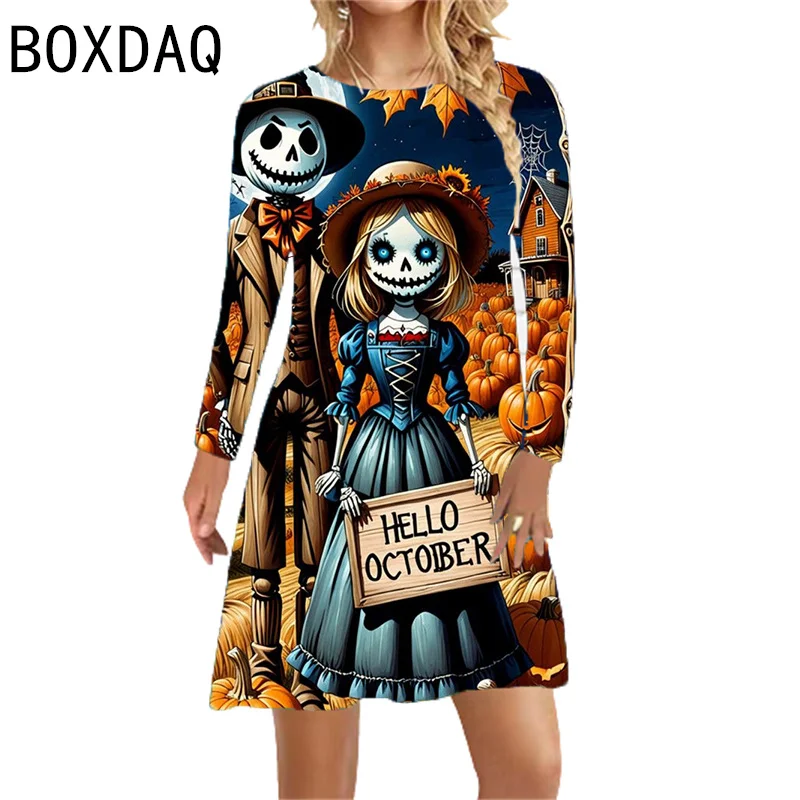 Women Long Sleeve O-Neck Casual Dress 3D Featured Christmas Party Halloween Party Dress Autumn New Female Dresses Vestidos