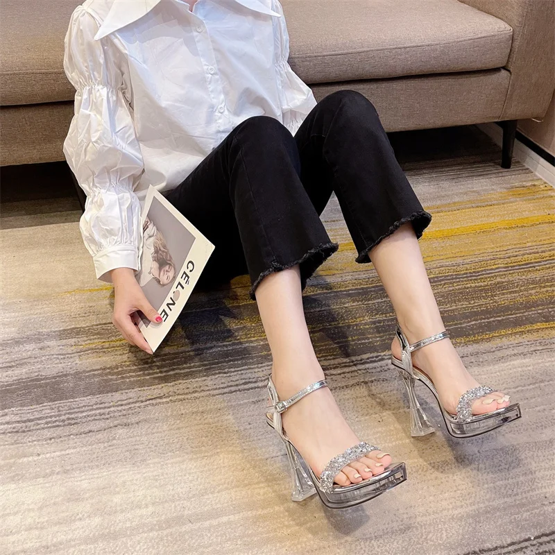 2024 Summer Women 12cm High Heels 3cm Platform Pumps Cross Belt Diamond Sandals Square Toe Luxury Pink Silver Fashion Shoes