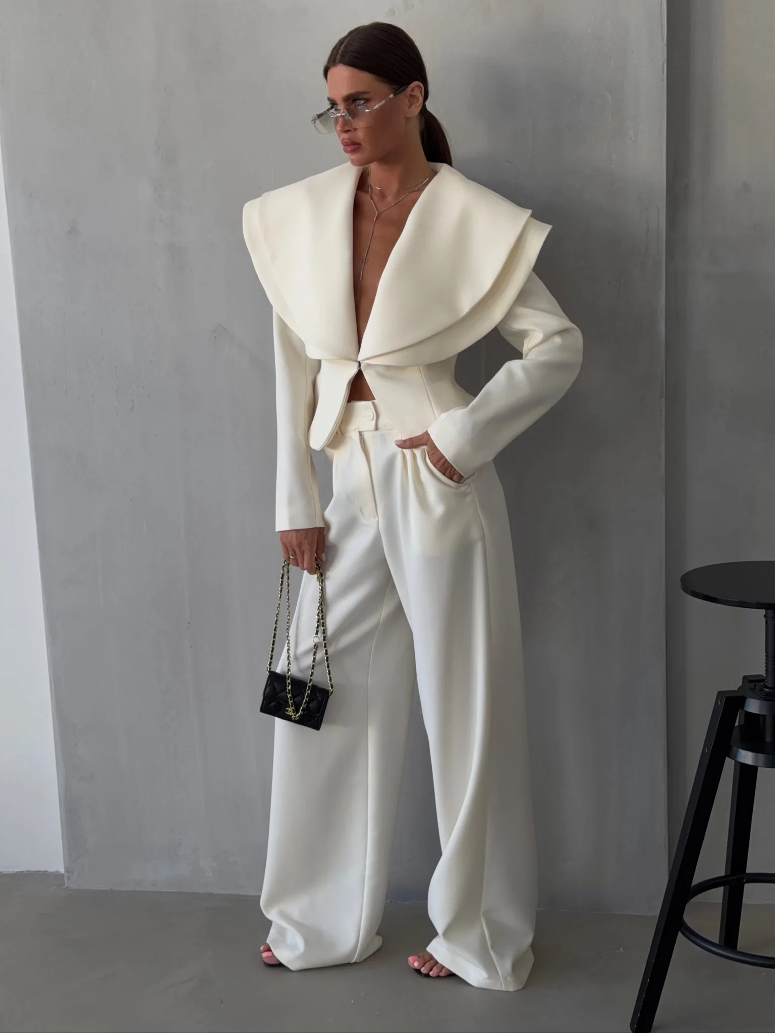 Laur 2026 Oversized Double Layer Lapel Cropped Blazer Two Piece Set High Waist Wide Leg Trousers Elegant Formal Matching Outfit
