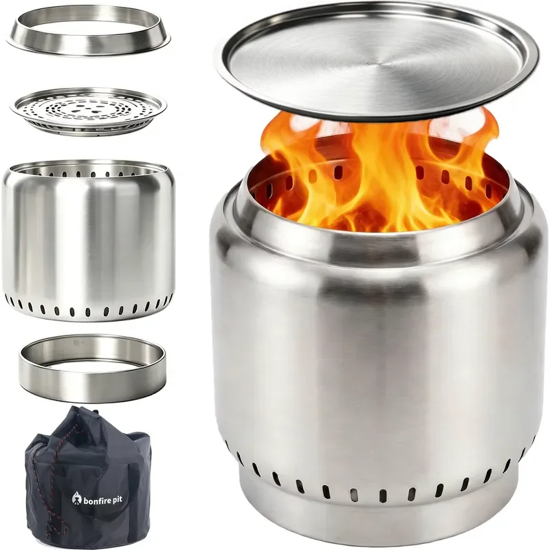 

Outdoor Smokeless Fire Pit Removable Ash Pan Portable Camping Patio Stainless Steel Wood Burning Firepit Stove with Stand/lid