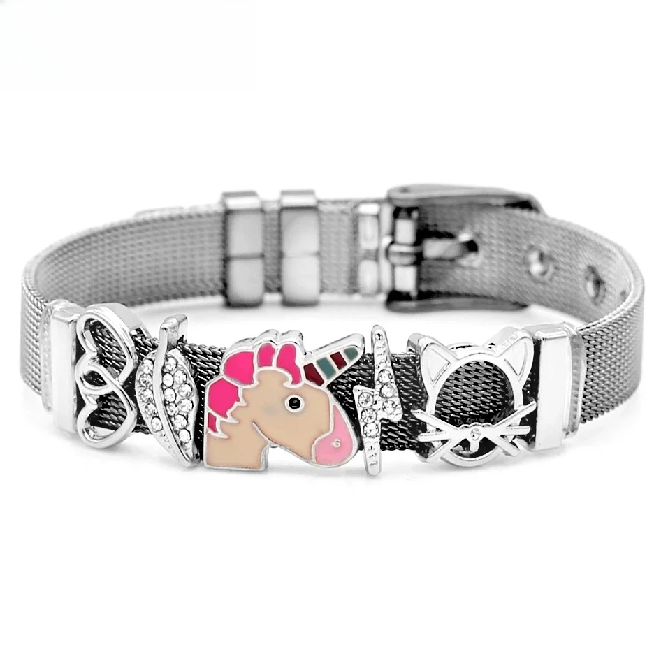 Silver Color Stainless Steel Mesh Bracelets For Women Men Lightning Heart Beads Lock Rocket Charm Bracelet Watch Belt Bangle