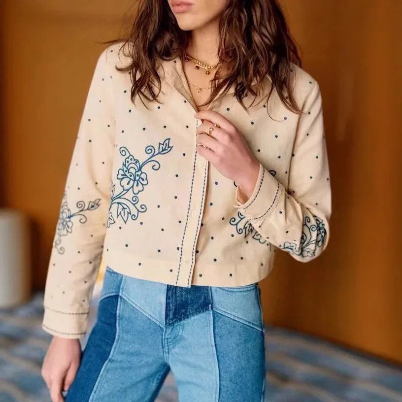 

Casual Loose Women's irt ort Sve Collar Embroidered Polka Dot Spring Summer New Sle Faion Ladies' Premium Clo...