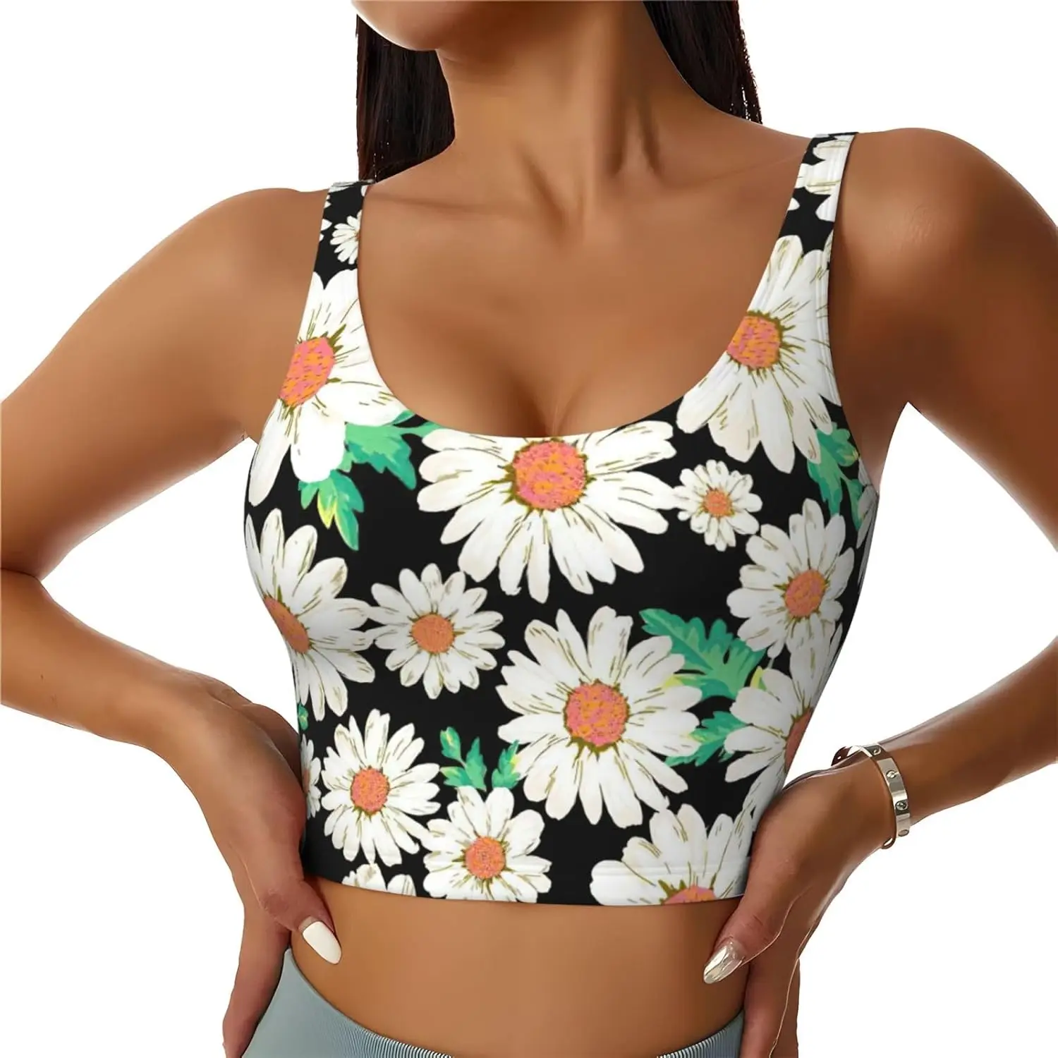 

Women's Daisy Flower Pattern Print Sports Tank Top,Lightweight Yoga Vest with Removable Padding