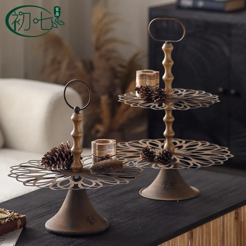 Bohemian style tray small apartment desktop double-layer fruit plate studio photography decoration props hollow shelf