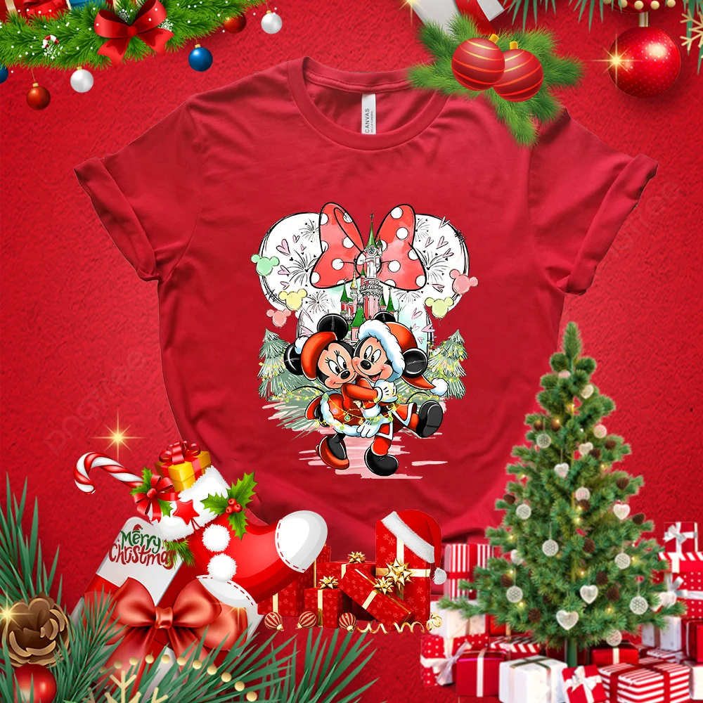 Disney Mickey Mouse Donald Duck Printed Women's Christmas T-shirt Cotton Short Sleeve Holiday Gift Red Top