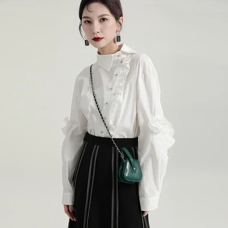 

Spring 2024 New Ruffled Long Sleeve Shirts Chinese Style Asymmetric Collar Mid-length Solid Color Women Blouses