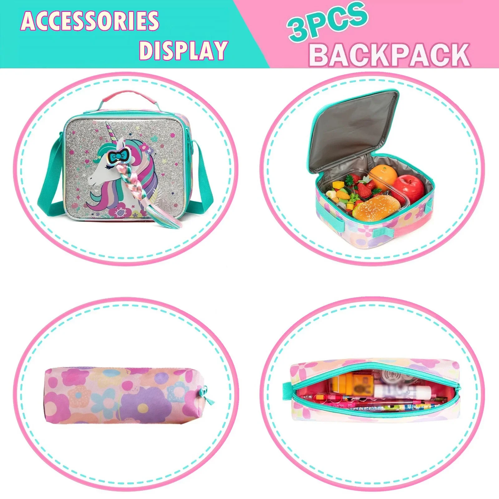 3PCS Girls School Backpack Set with Lunch Bag Cute Elementary Bookbag Combo for Kids Lightweight Durable Back To School Gift