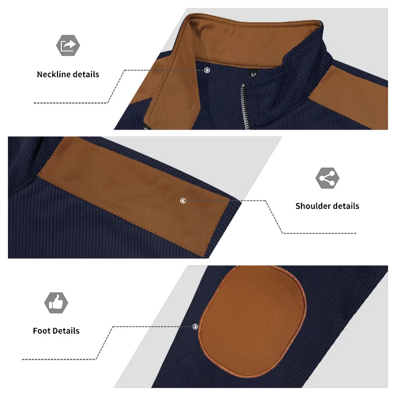 Herren Stehkragen Cordjacke, Farbblock-Design, Reißverschluss-Mantel, Retro, Locker Geschnitten, Lässig, Langarm, Herbst-Winter, Alltag, Streetwear – Detail 19