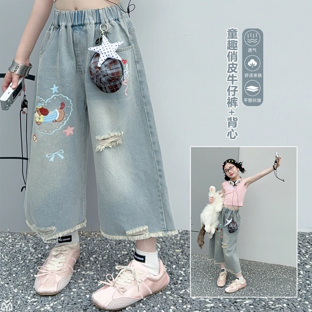 Children Ripped Baggy Denim Shorts with Hole Animal Pattern Teenage Girls Casual Summer Destroyed Broken Shorts for Kids Capris