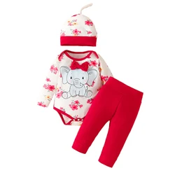 Onesie de manga completa estampada para meninas recém-nascidas, traje infantil, cor sólida, calças e chapéu de fundo, 0-18 meses, conjunto de 3 peças, primavera, outono