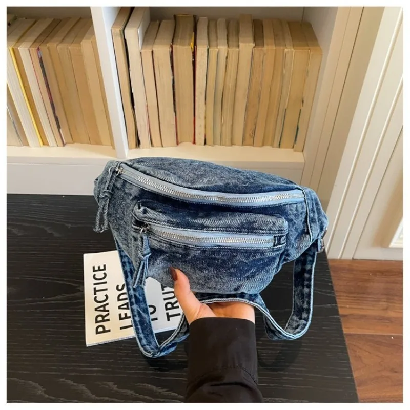 Damen Vintage Washed Denim Tasche mit Mehreren Taschen, Verstellbarer Riemen Crossbody Gürteltasche für Tägliche Aufgaben und Outdoor-Aktivitäten – Detail 20