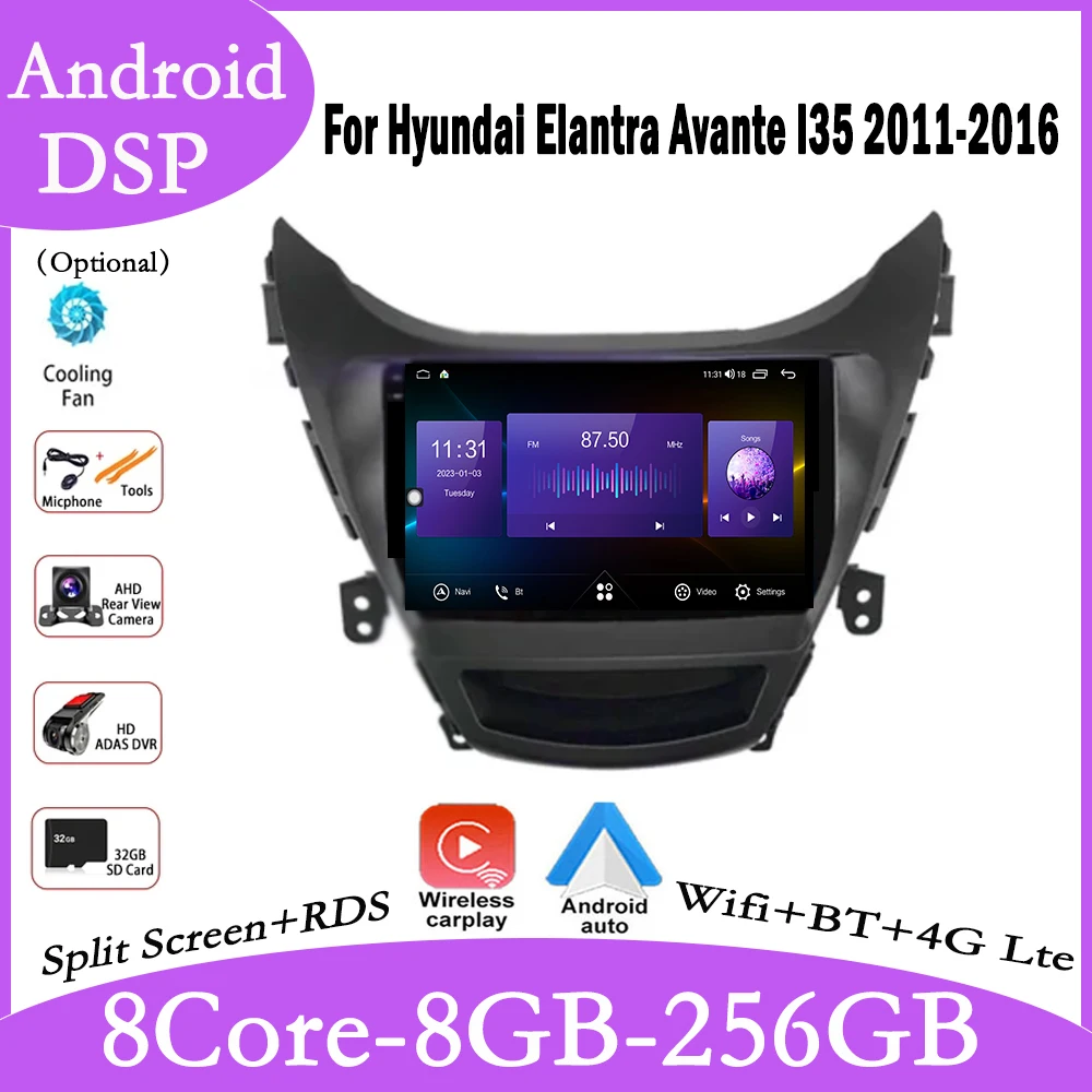 

9 дюймовый для Hyundai Elantra Avante I35 2011-2016 Android 14 автомобильный видеоплеер для Carplay GPS-навигация Мультимедиа Стерео 4G LET