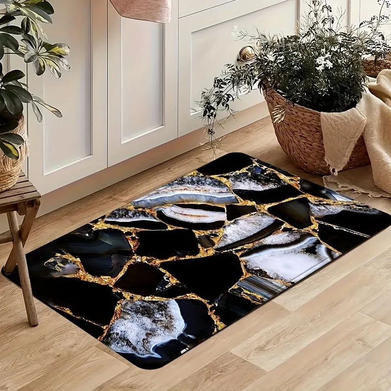

1PC Marble Vein & Gold Accent Kitchen Rug Non-Slip Door Mat Pop design Bathroom Rug Bath Mat Carpet for Home Sink Laundry Decor