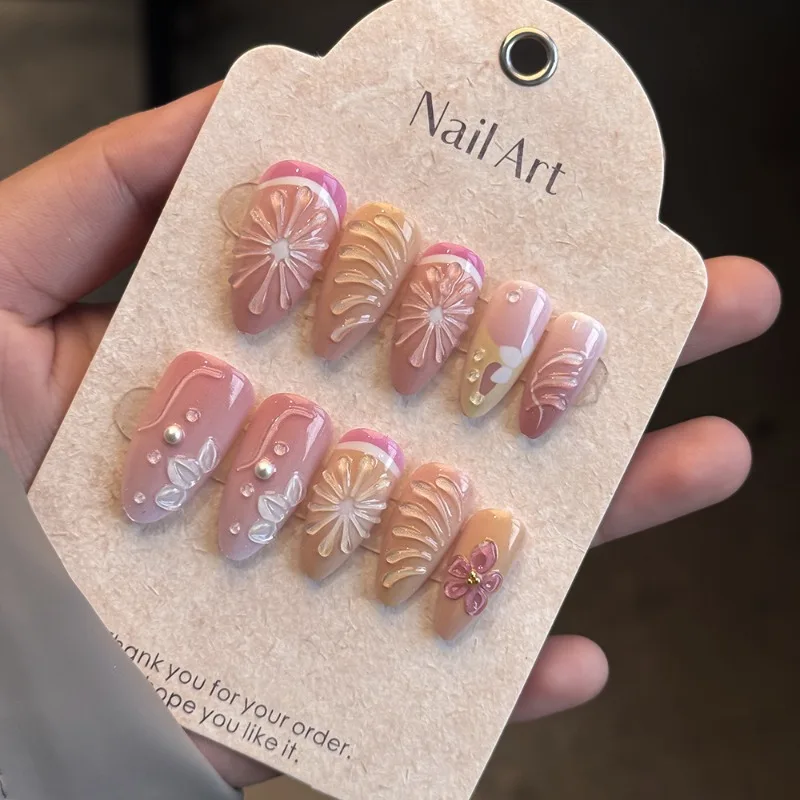 24PCS Sweet Pink French Stick on False Nails 3D Flowers Shell Yellow Lemon Fresh Almond Fake Nails for Women Cute Fruit Nail Tip
