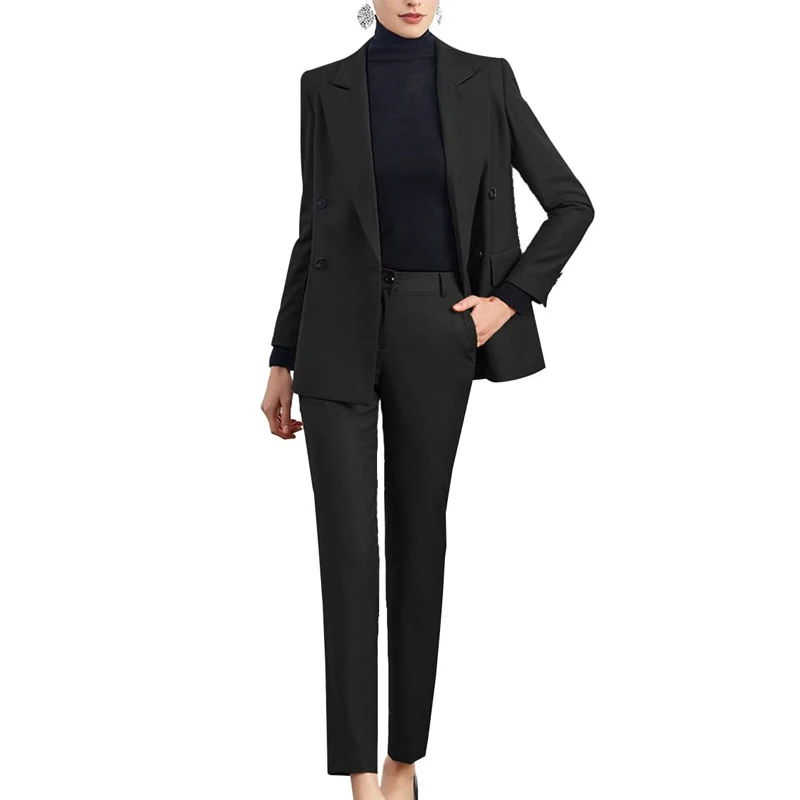 Women's Pant Suit Business Formal 2 Piece Office Workwear Double Breasted Jacket Trousers Suits for Lady