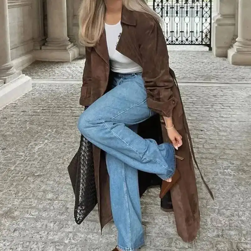 

Casual Double Breasted Suede Jacket Women Vintage Temperament Lace Up Lapel Long Coat 2025 New Lady High Street Trendy Outerwear