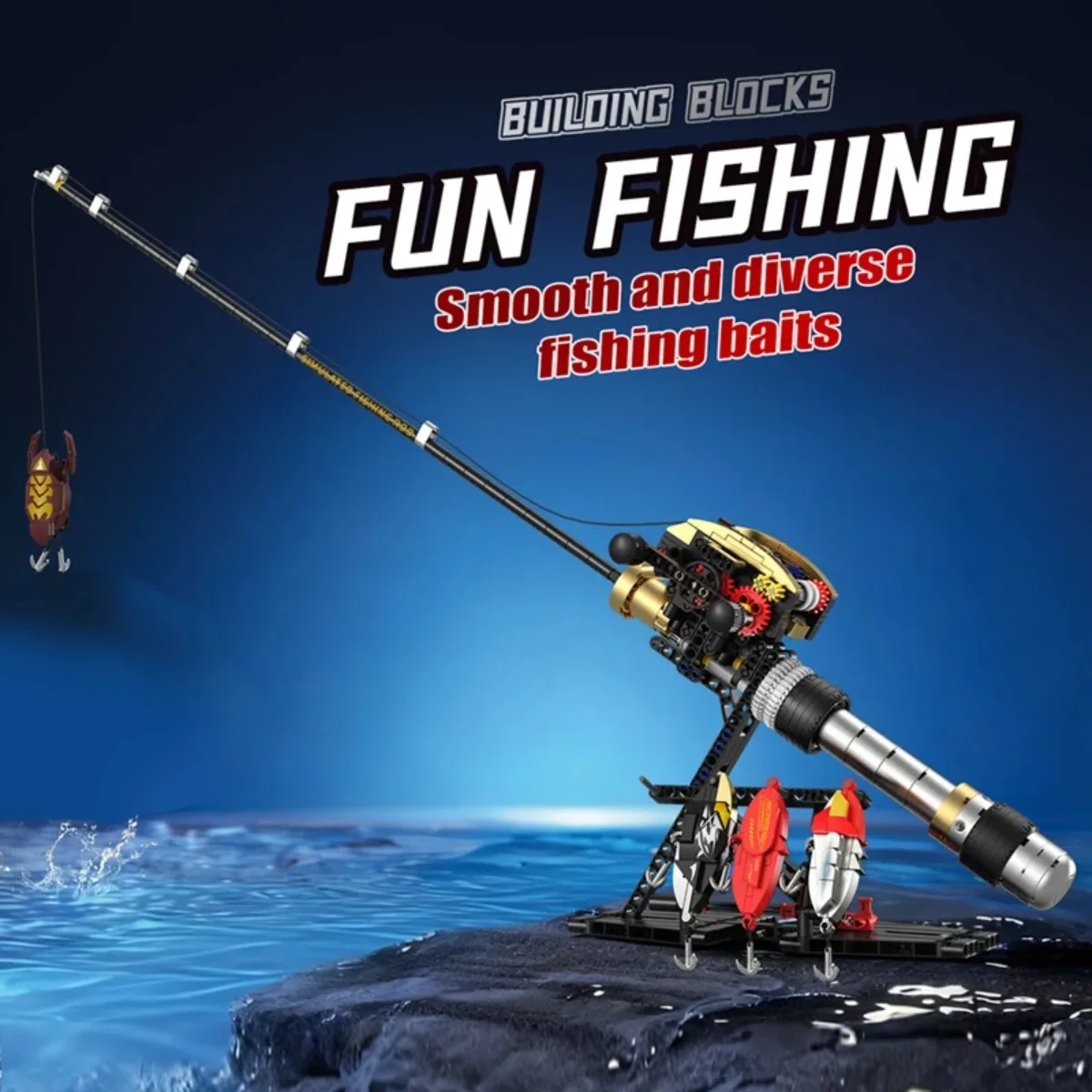 Fishing Rod MOC Building Model, Mechanical Reel Kit with Lures, Creative DIY Display Collectible Gift for Adults