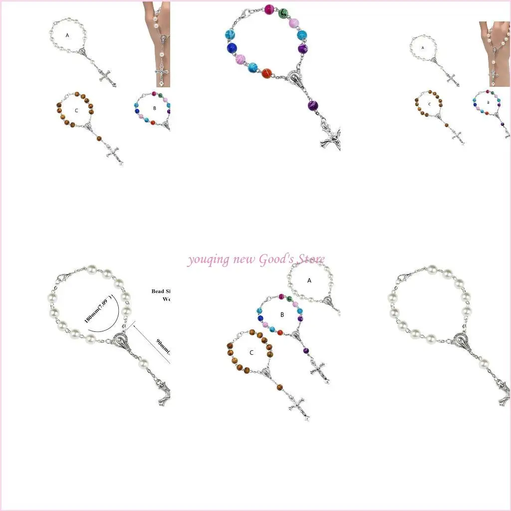 57QA Imitation Pearl Beads Catholic Rosary Catholic Holy Communion Silver Color Wings Crucifix Pendants Bracelet Presents