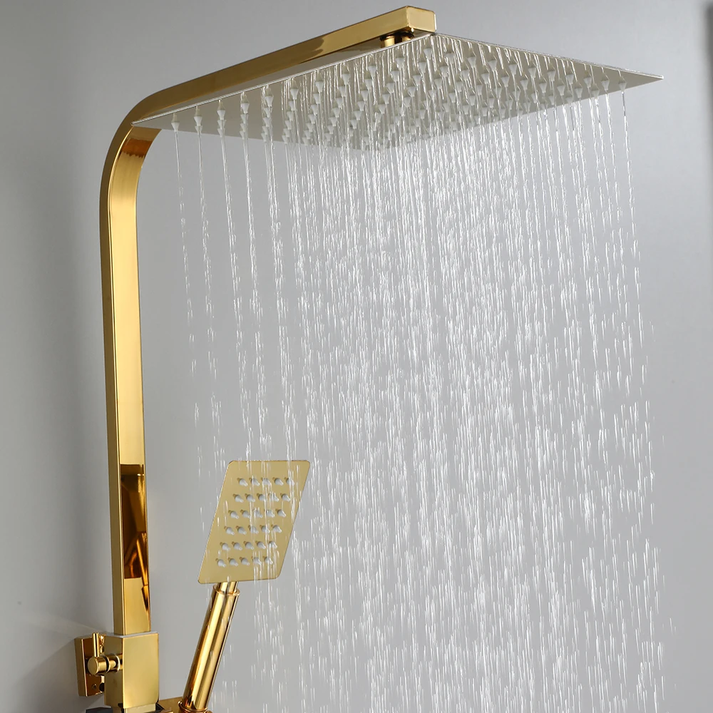 Gold Display Shower Faucet Set Gold Rainfall  Bathtub Shower Mixer Tap Long Spout 4 Ways Water Outlet