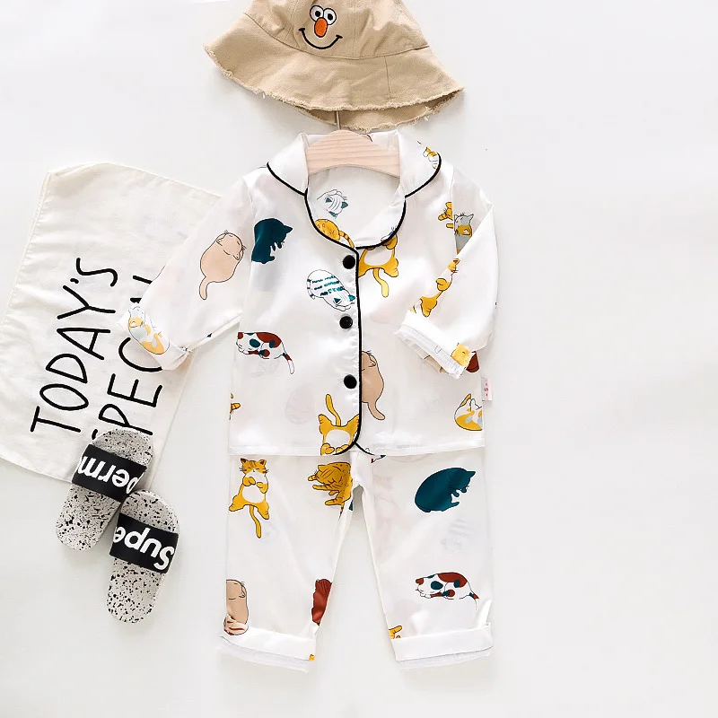 Seiden-Satin-Pyjama-Sets für Kleinkinder, Cartoon-Pyjamas für Kinder, Jungen-Schlafanzug, Baby-Schlafanzug, Mädchen-Freizeitkleidung für Zuhause, Jungen-Loungewear – Detail 15