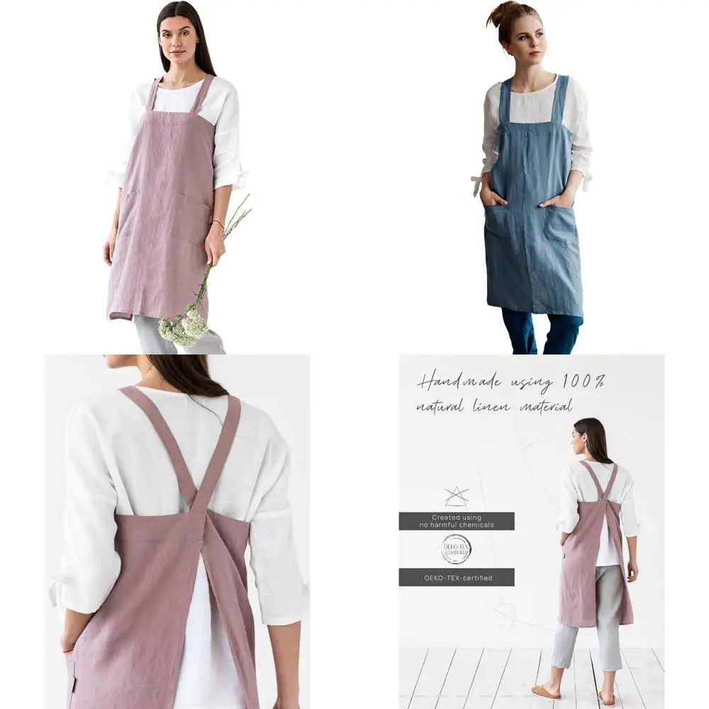

Japanese Style 100% Linen Apron with Pockets - Unisex Pinafore Design for Men and Women, Cross Back Apron for Kitchen and Baking