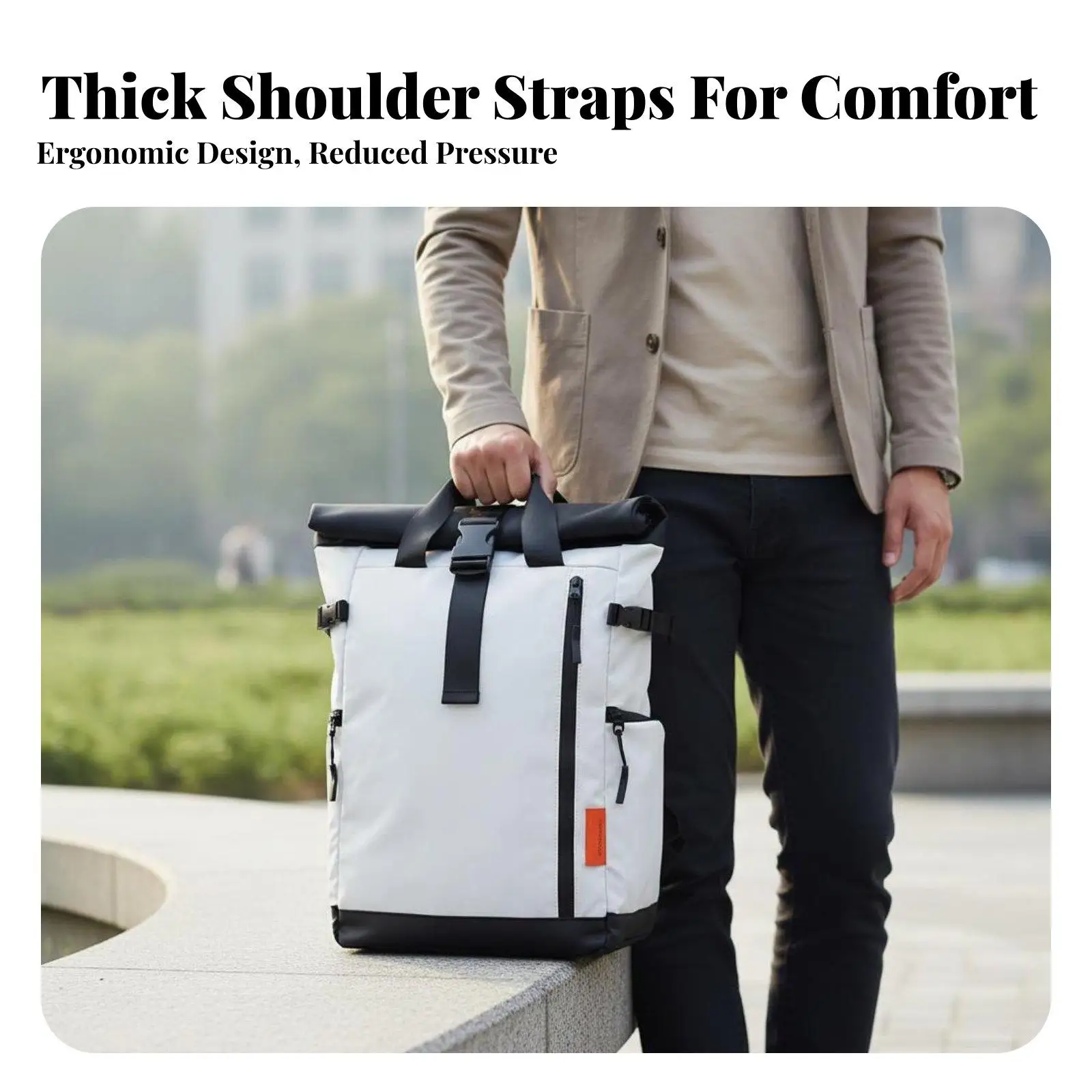 Water Resistant Oxford Cloth Rucksack 20L to 25L Roll Top Backpack for Daily Commute and Travel with Side Pockets