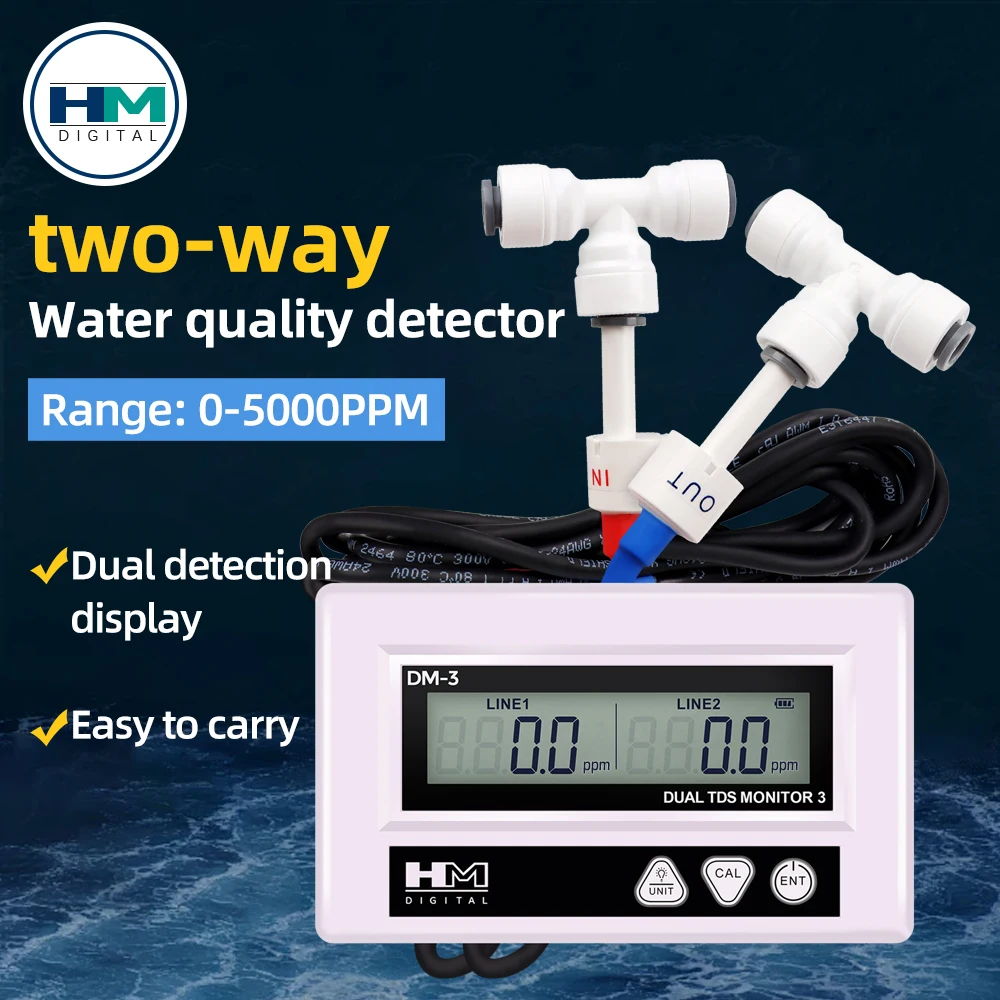 

HM DM3 Online Dual Probe TDS EC Meter 0-5000 PPM 0~9999μS Input/Output Water Quality Tester with Tee Interface for Aquarium Pool