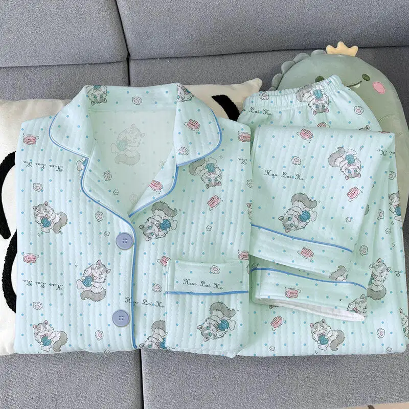 

Kawaii женский пижамный комплект, зимняя теплая одежда для сна с героями мультфильмов, мягкая и липкая ночная рубашка Ins Pj Set, домашняя одежда из сладкого кораллового флиса