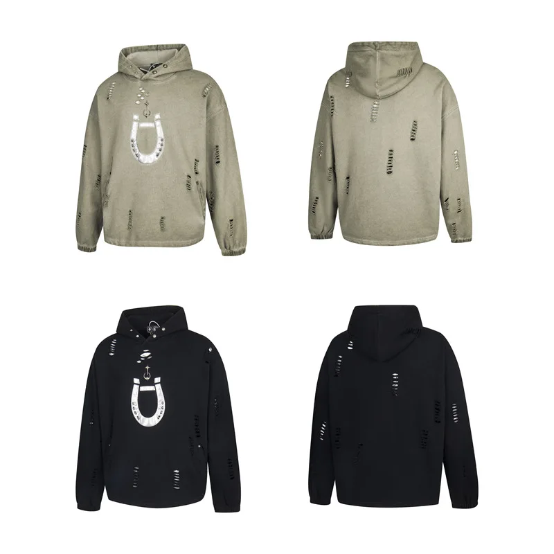Thug Club Street Hip Hop Washed Cut-up Leather Embroidered Loose Buttoned Hooded Sweatshirt Trend
