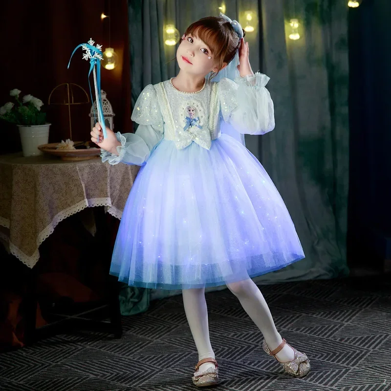 Frozen Lucky Girl Glow Skirt 2023 Autumn Dress Halloween Party Cospaly Princess Elsa Dress Child Long Sleeve Poncho Dress Gifts