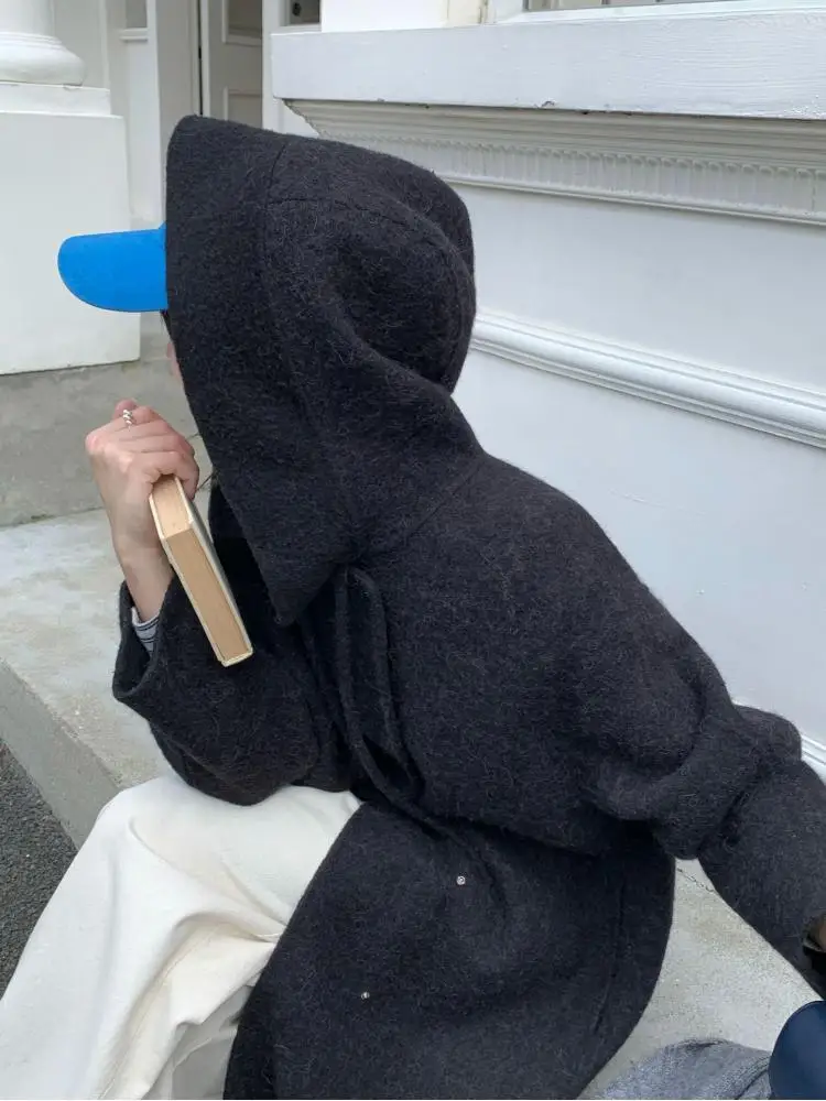 

Повседневные женские шерстяные куртки из альпаки с капюшоном, осень-зима 2022, однобортные свободные толстые теплые длинные женские шерстяные пальто