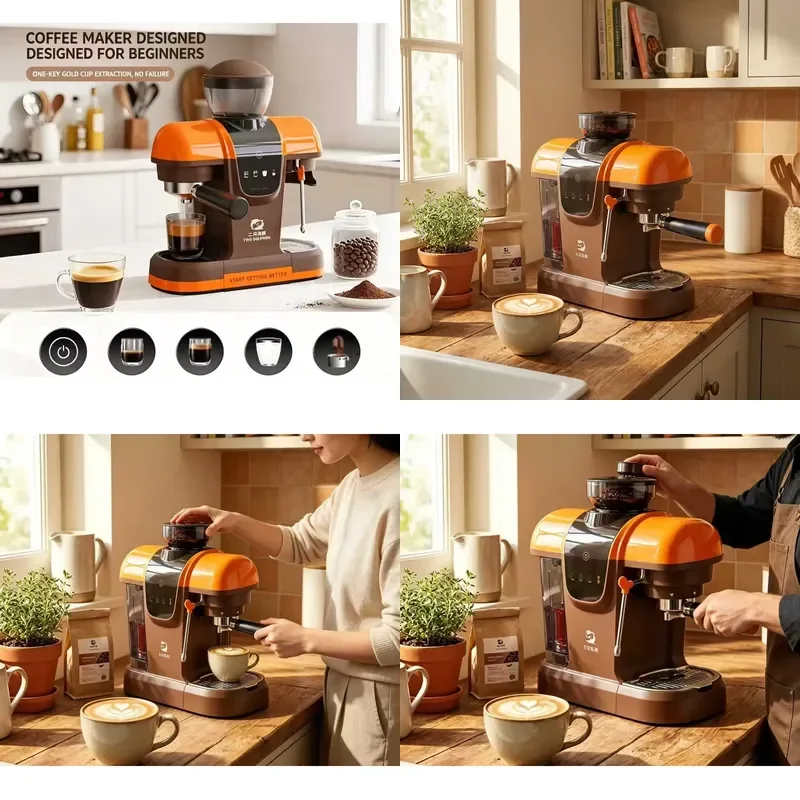All-in-One Semi-Automatic Espresso Machine Stainless Steel Built-in Grinder Milk Frother 20bar Pressure 8-Cup Capacity