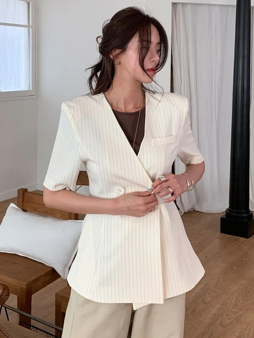 

Ele Striped ort Sve Suit Jaet Women's Summer New Sle Retro Double Buttoned irt V-ne Regular Fit Bodycon