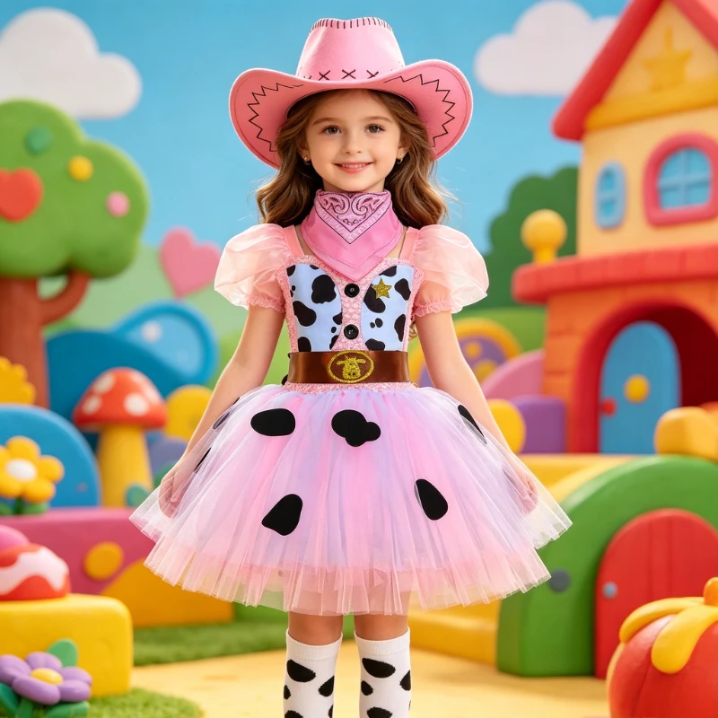 Kids Halloween Carnival Party Dresses Pink Cowgirl Clothes for Girls Princess Dress Up Western Cowboy Cow Girl Tutu Dress Outfit