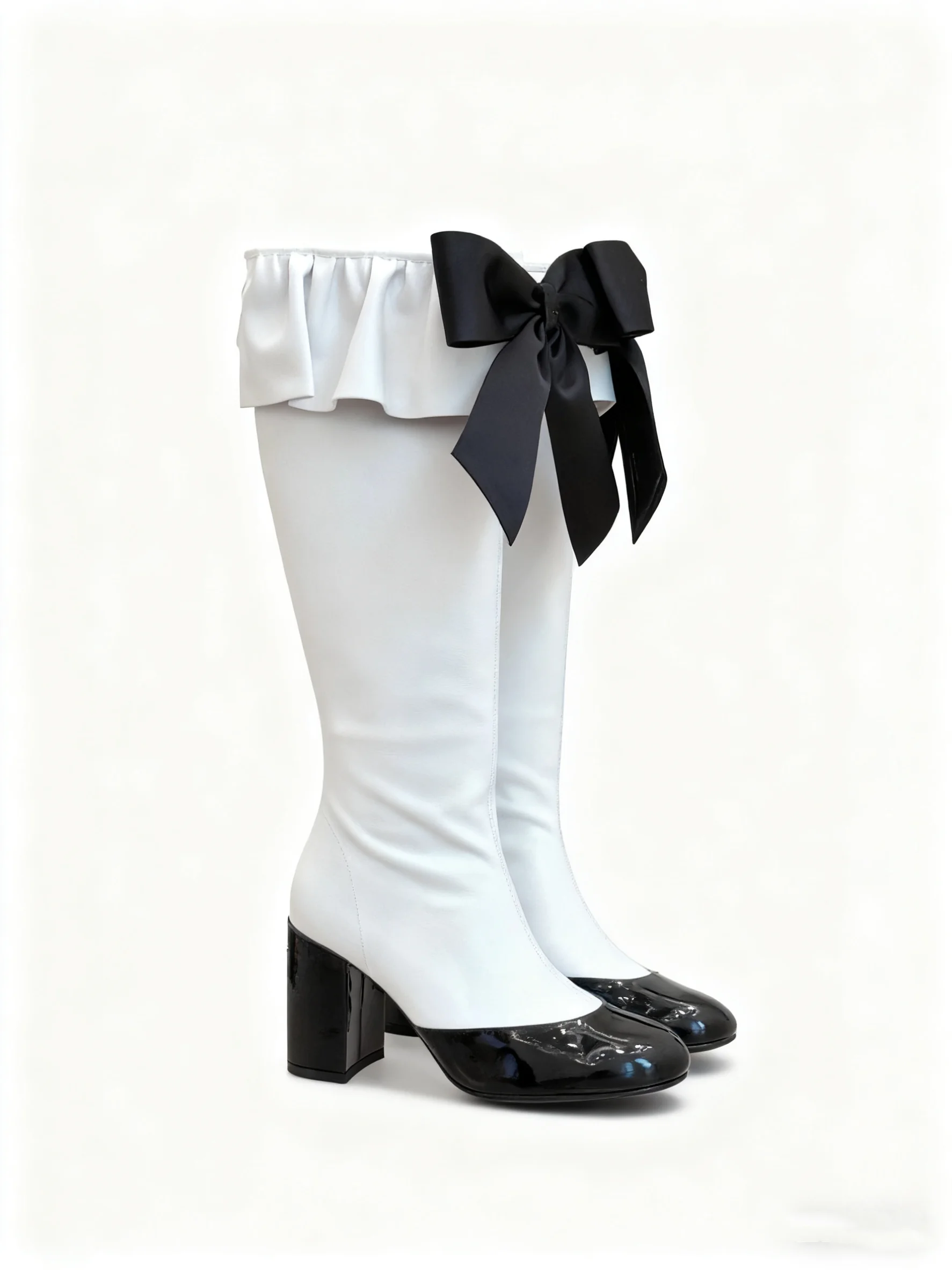 

Милые стильные женские сапоги до колена с круглым носком и узлом-бабочкой, модная обувь большого размера на массивном высоком каблуке с молнией сзади