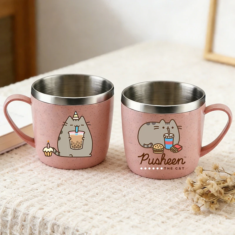 

Pusheens Woman Water Cup Girl Double Layer Anti Scalding Milk Cups Stainless Steel Cups Cartoon Water Cup Kawaii Mug Home Gift